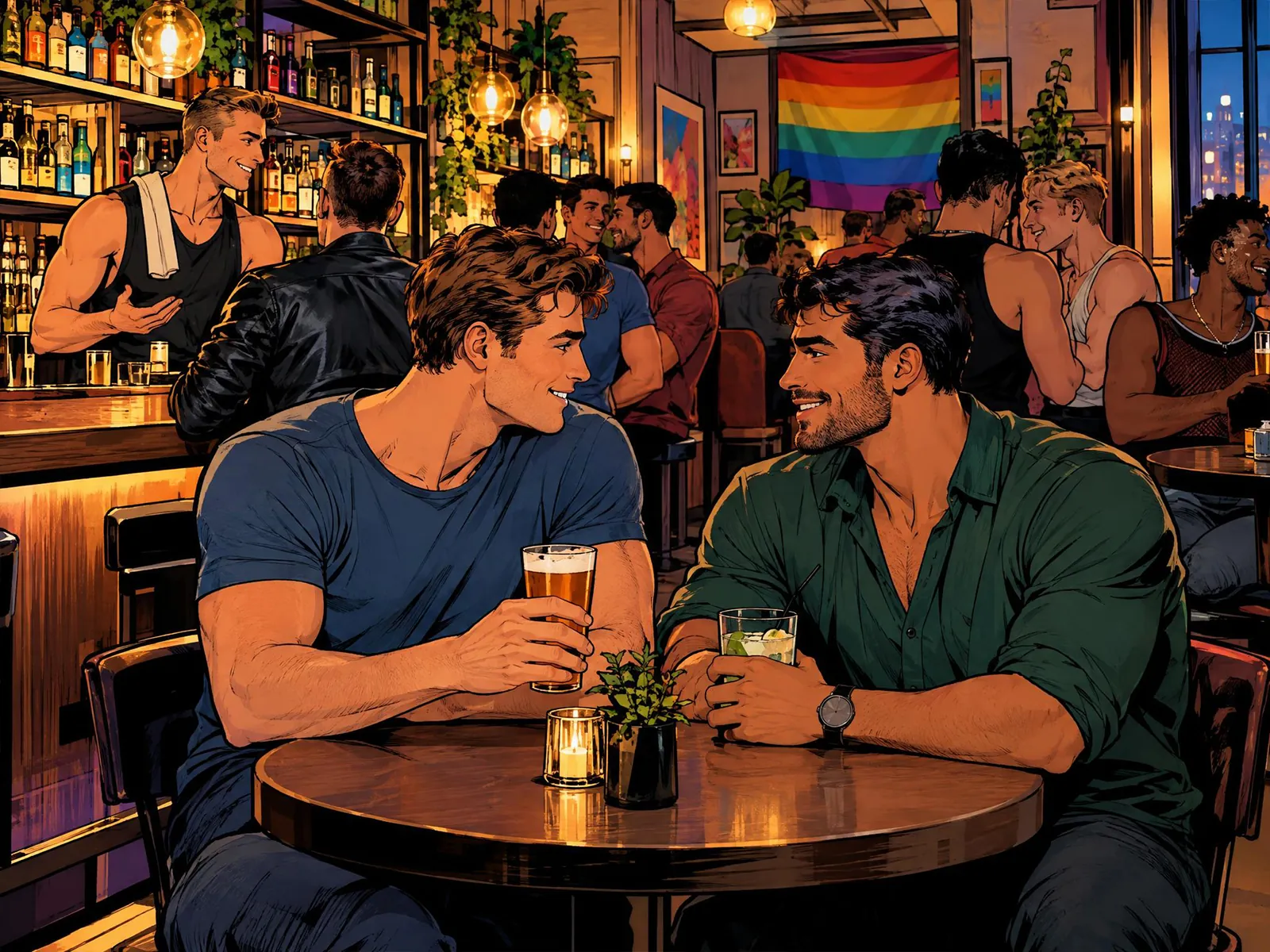 Two men, drawn in a comic-style, having a drink and a chat in a bar
